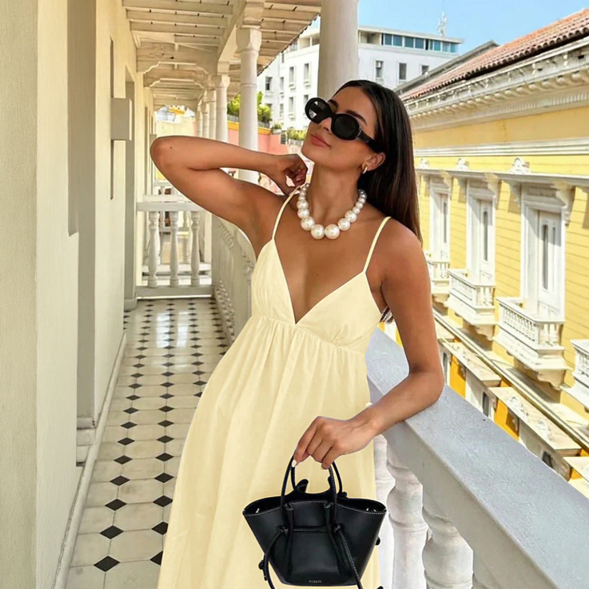 Women Clothing Summer Casual Vacation Sling Deep V Plunge High Waist Loose Dress by Ragazza