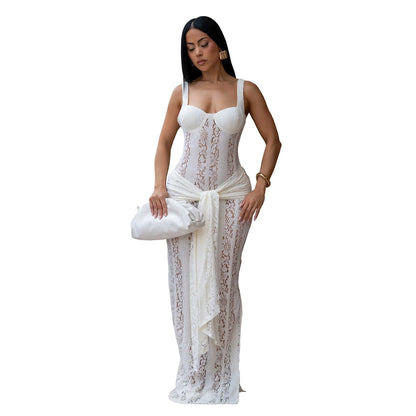 Women Wear Sexy See through Lace Shoulder Strap Sheath Dress  DestGlow
