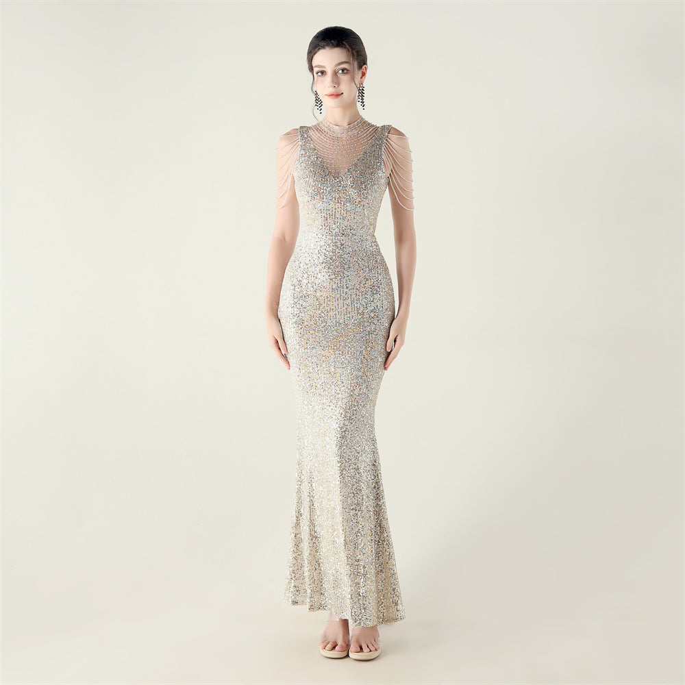 High Neck Fishtail Evening Dress Pearl Embroidery Sequined Crystal Diamond Decorations Red Carpet Wedding Cocktail Dress by Ragazza