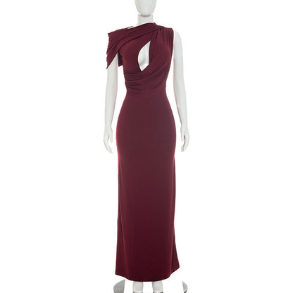 Women Clothing Summer Solid Color Casual One Shoulder Short Sleeve Lace Up Hollow Out Cutout Out Slim Fit Maxi Dress  DestGlow
