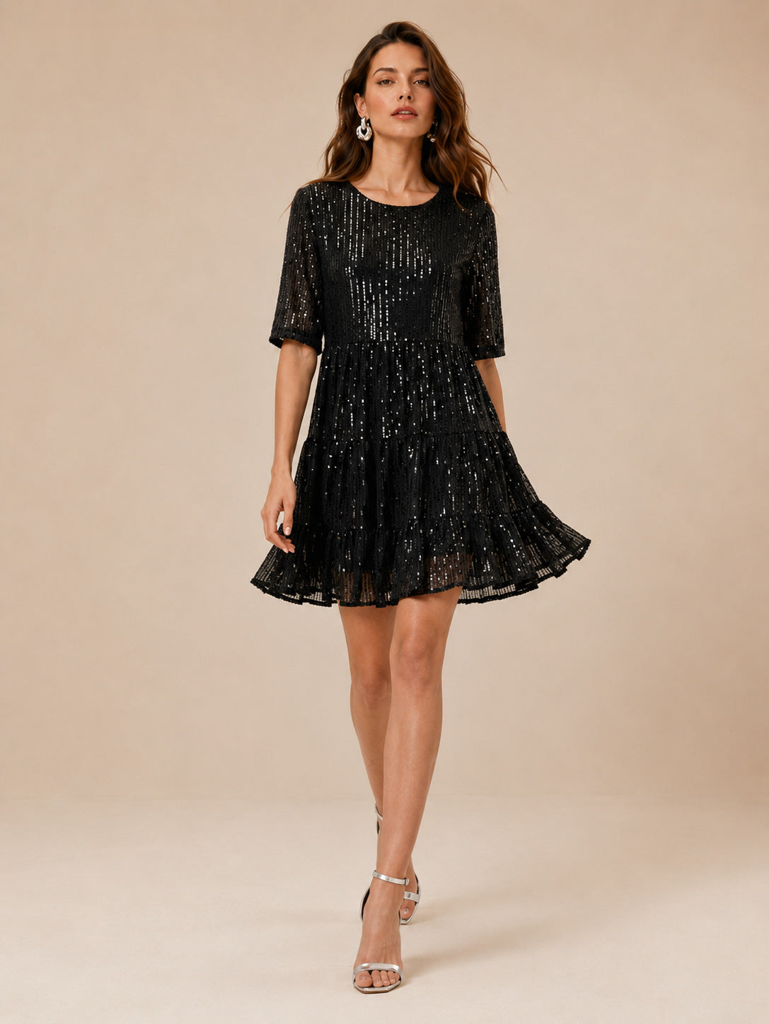 Sequined Short Sleeve A line Dress Cocktail Women Short Dress  DestGlow