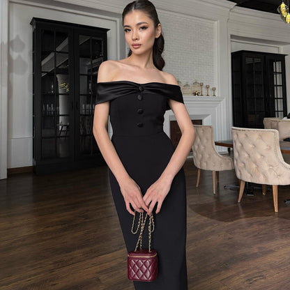 Women Clothing Summer off the Shoulder Gown Back Slit Slim Fit Maxi Dress by Ragazza