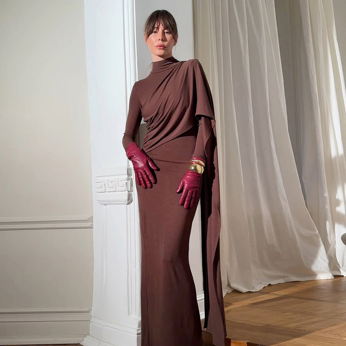 Women Wear Autumn Solid Color Elegant Lady Turtleneck Long Sleeve Tight Waist Sheath Ribbon Dress by Ragazza