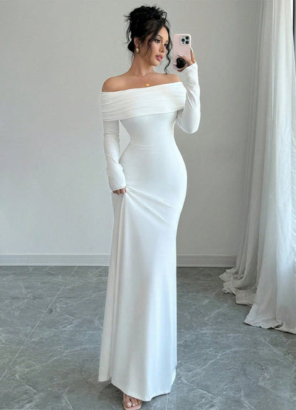 Women Clothing Autumn off Shoulder Four Sided Stretch Dress Tight off Shoulder Long Formal Dress by Ragazza