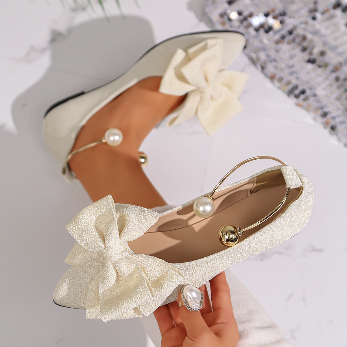 Metal Buckle Shallow Mouth Pumps Women Autumn Cloth Bow Pearl Four Seasons Work Shoes  DestGlow