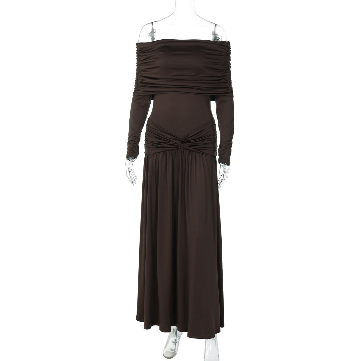 French Women Autumn off Neck Cinched Pleated Long Sleeve Dress by Ragazza