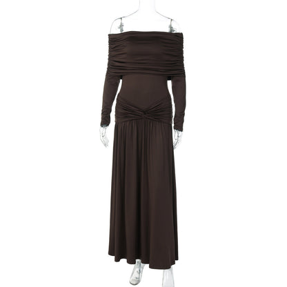 French Women Autumn off Neck Cinched Pleated Long Sleeve Dress by Ragazza