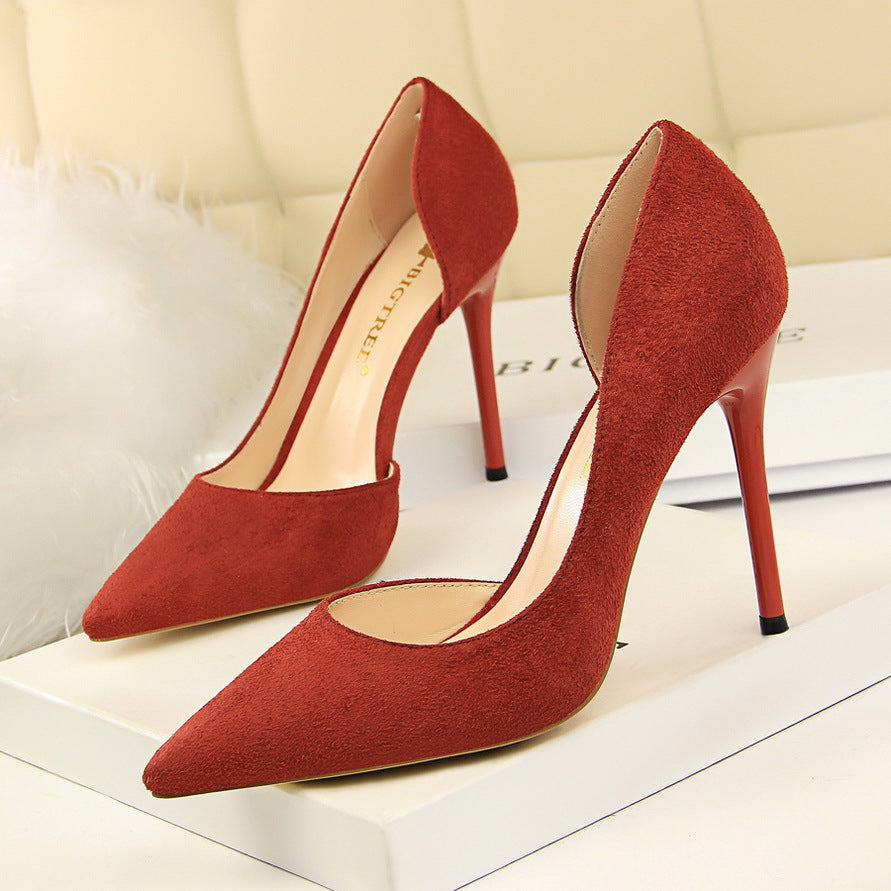 Simple Stiletto Heel Suede Shallow Mouth Pointed Toe Sexy Nightclubs Thinner Side Hollow Out Cutout Pumps  DestGlow