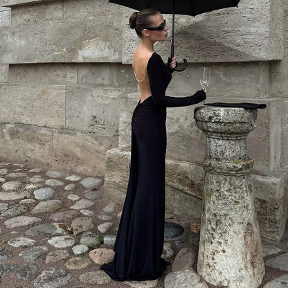 Autumn Winter Women Sexy Backless Chain Decoration Slim Fit Long Sleeved Dress by Ragazza