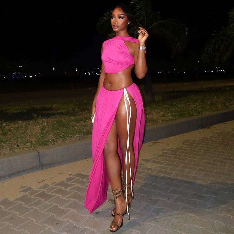 Fall Solid Color Hollow Out Cutout out Vest Stitching Cropped Side Tied Maxi Dress for Women by Ragazza