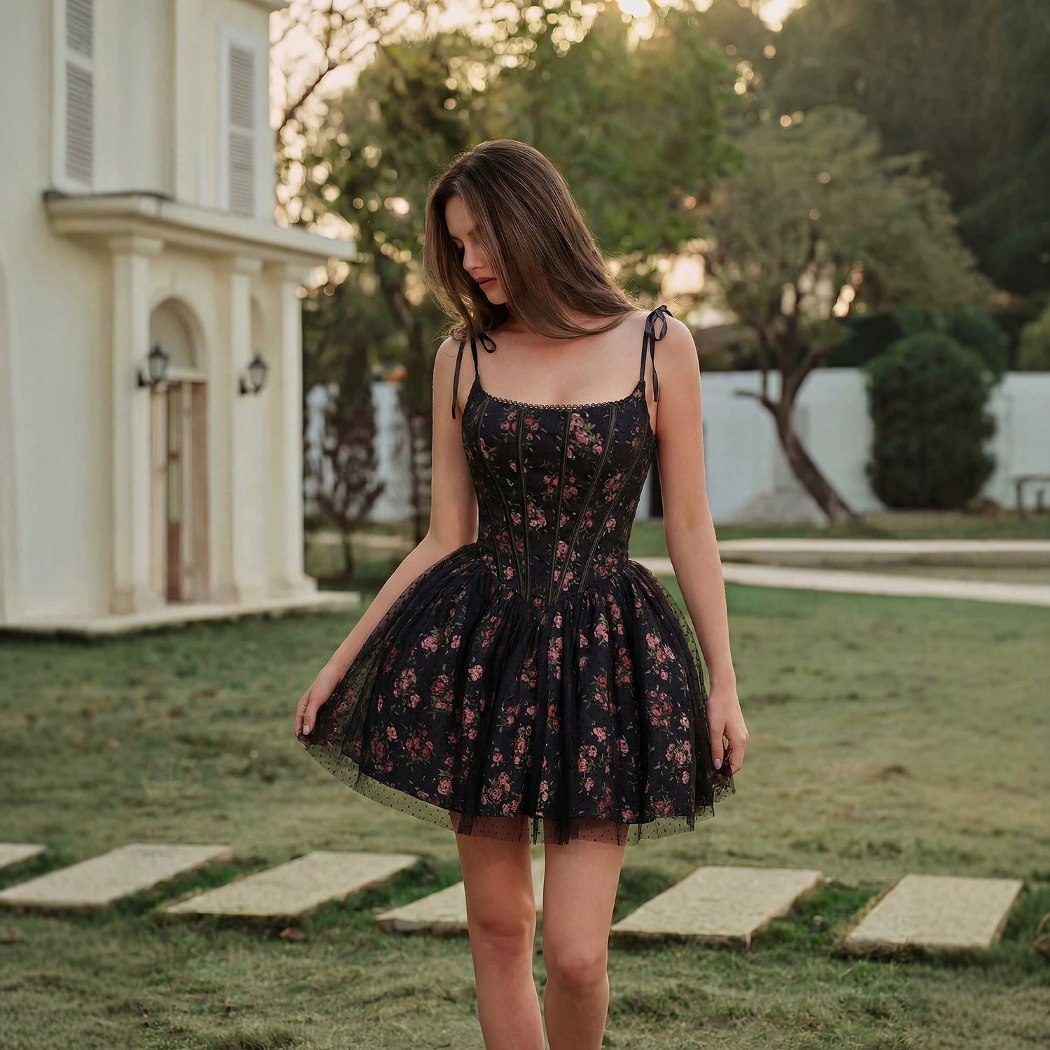 Black Shivering Suspenders Puff Short Princess Dress Tight Waist Boning Corset Corset Evening Dress  DestGlow