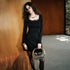 Black Lace Neckline Long Sleeve Waist Dress French Hepburn Slim Slimming by Ragazza