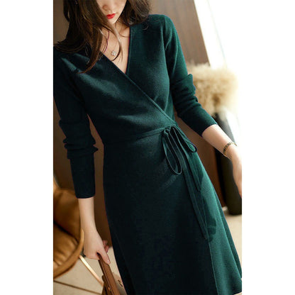 V neck Lace up Stomach Blanket Dress Women Autumn Winter Korean Loose Slim Socialite Knitted Dress by Ragazza