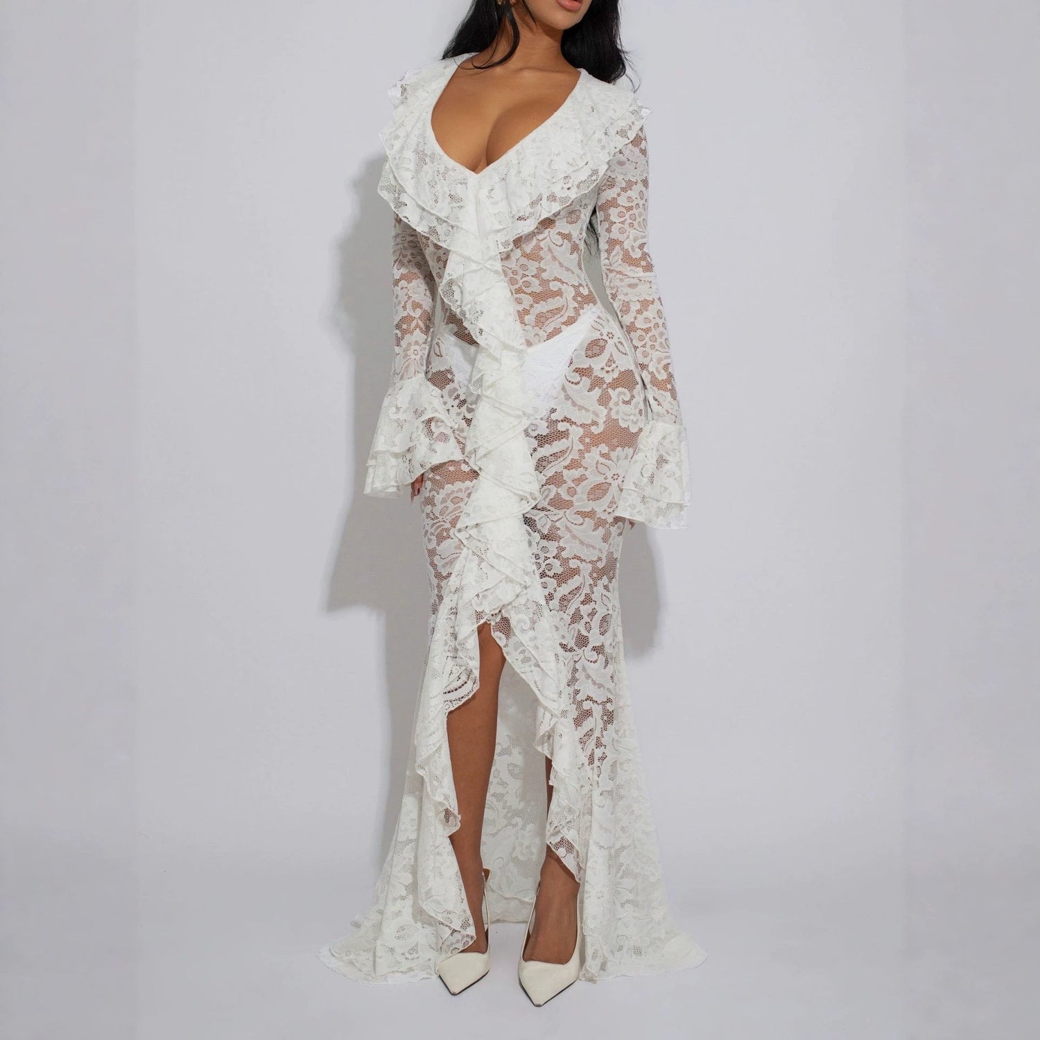 Women Clothing Sexy See through Lace V neck Long Sleeve Lace Dress Gown  DestGlow