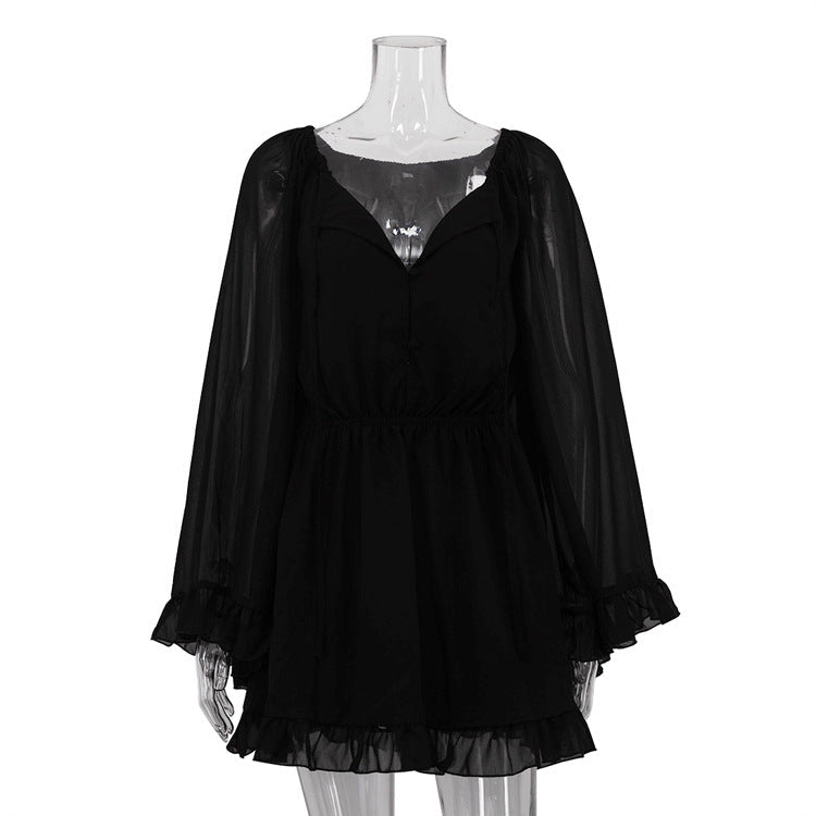 Mesh See through Long Sleeve Square Neck Lace up Black Dress Spring Summer Dress Fitted Waist Pleated A line Dress by Ragazza
