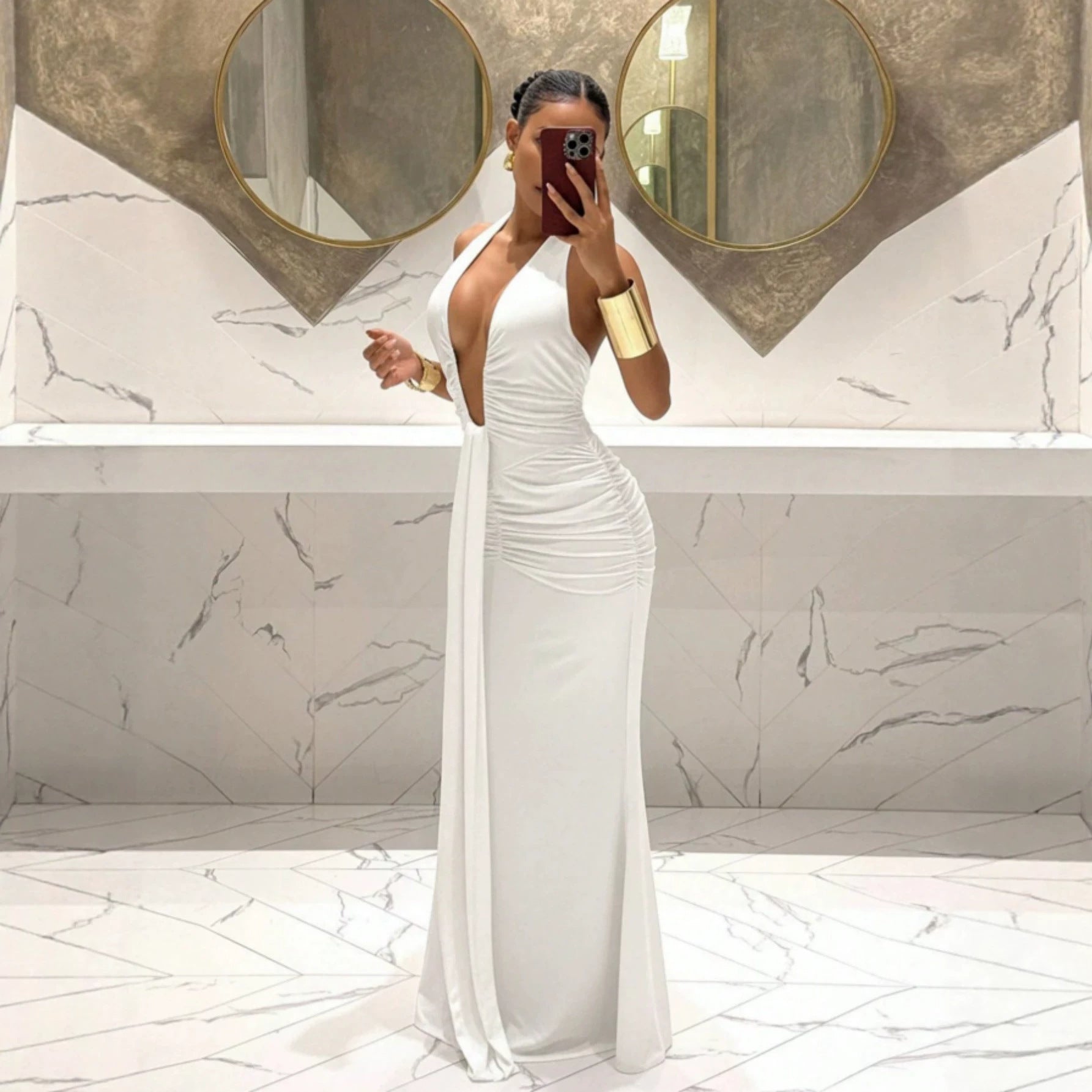 Women Halter Deep V Plunge Pleated Slim Fit Mopping Dress Slimming Sheath Fishtail Dress  DestGlow