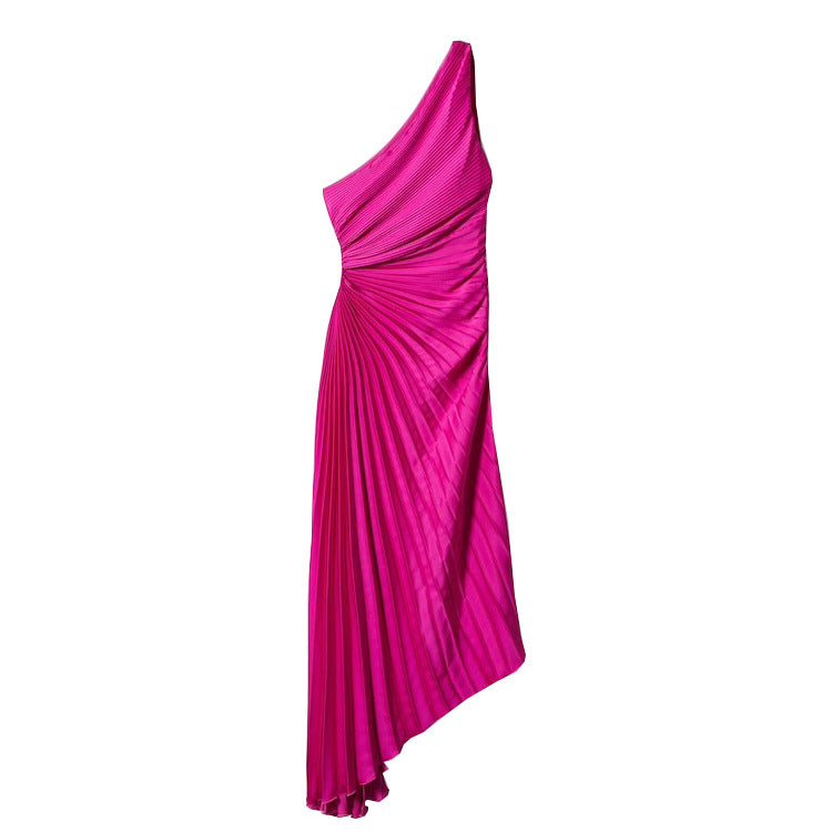 Women Clothing One Shoulder Diagonal Collar Pleated Hollow Out Cutout Dress by Ragazza