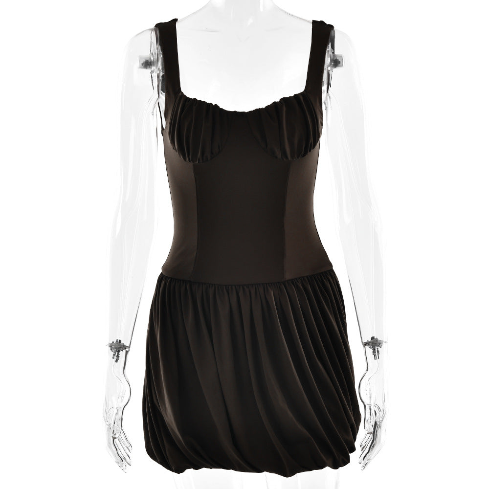 Strap Tube Top Dress Sexy Waist Trimming Solid Color Pleated Sleeveless Dress by Ragazza
