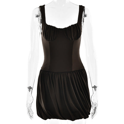 Strap Tube Top Dress Sexy Waist Trimming Solid Color Pleated Sleeveless Dress by Ragazza