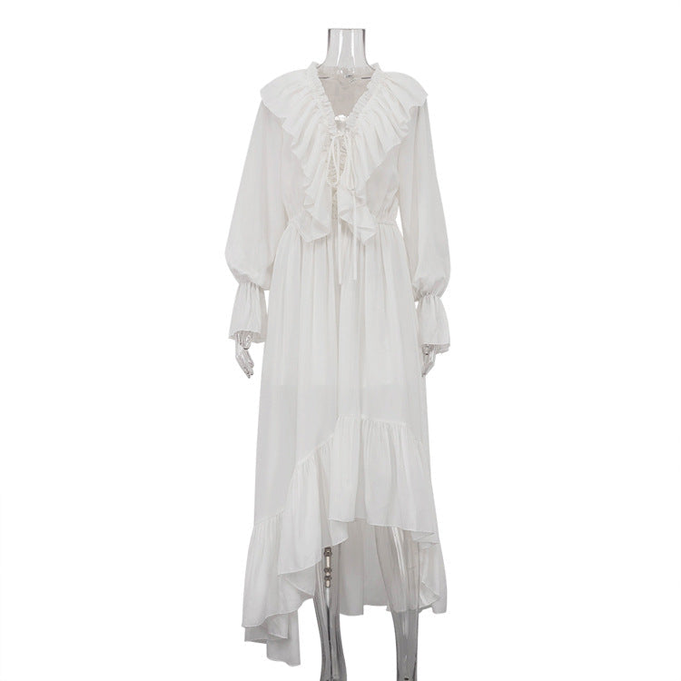 Drawstring V neck Flared Sleeves Chiffon Dress Asymmetric Design White Casual Long A line Dress by Ragazza