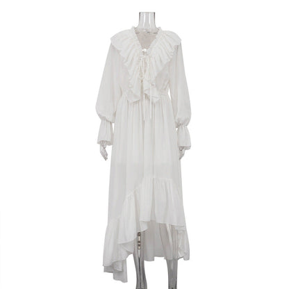 Drawstring V neck Flared Sleeves Chiffon Dress Asymmetric Design White Casual Long A line Dress by Ragazza
