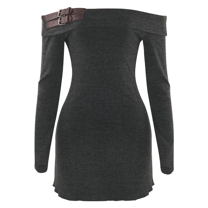 Autumn Solid Color off Shoulder Long Sleeve Sexy Strapless High Waist Short Dress by Ragazza