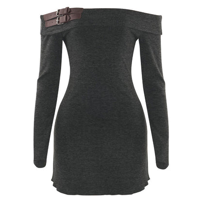 Autumn Solid Color off Shoulder Long Sleeve Sexy Strapless High Waist Short Dress by Ragazza