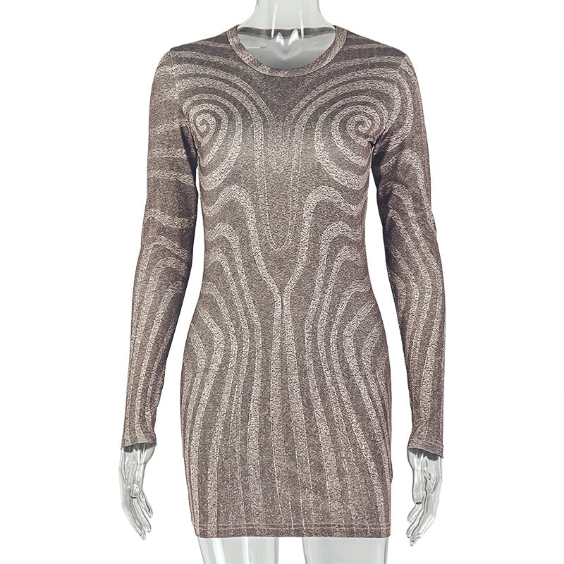 Swirl Grain Women Printed Wear Home Comfortable round Neck Hip Sexy Waist Trimming Stretch Short Dress by Ragazza