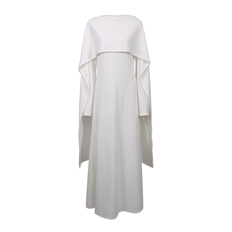 Elegant Solid Color Retro Heavy Industry Beautiful Pearl Shawl High Waist Dress Women by Ragazza
