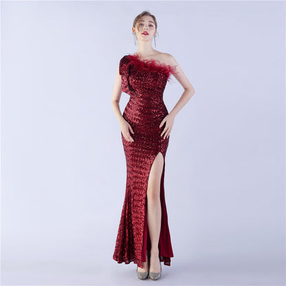 Craft Floral plus Ostrich Feather High End Sequined One Shoulder Evening Dress by Ragazza