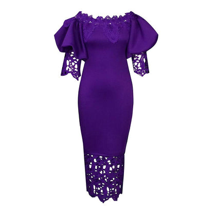 Women Clothes Elegant Lace Stitching Off Neck Dress by Ragazza