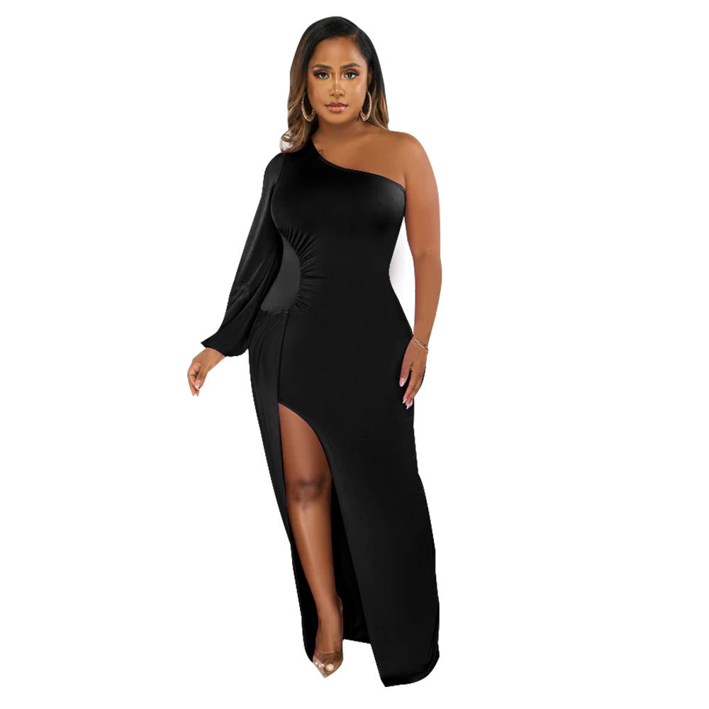 Supply Women Wear One Shoulder Lantern Sleeve Slim Fit Sexy Slit Dress by Ragazza