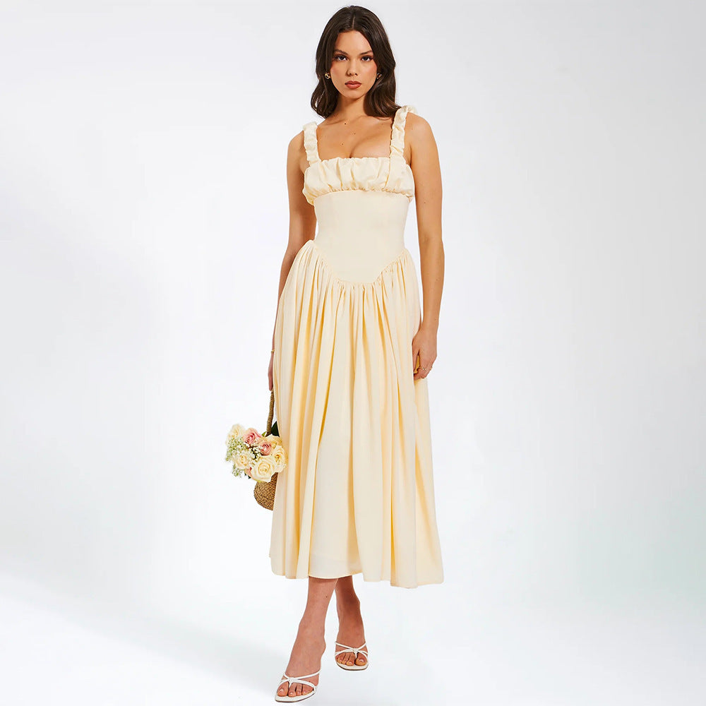Spring Dress Sexy Square Collar Sling Stitched Backless Dress by Ragazza
