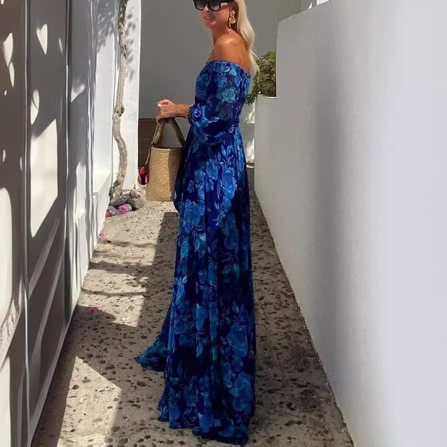Sexy off Neck Printed Large Swing Maxi Dress by Ragazza