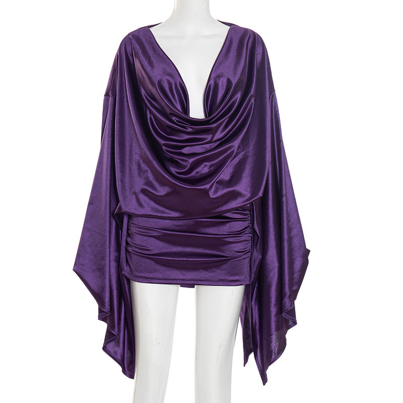 Women Clothing Autumn Solid Color Elegant Artificial Silk Swing Collar Swing Sleeve Sheath Dress by Ragazza