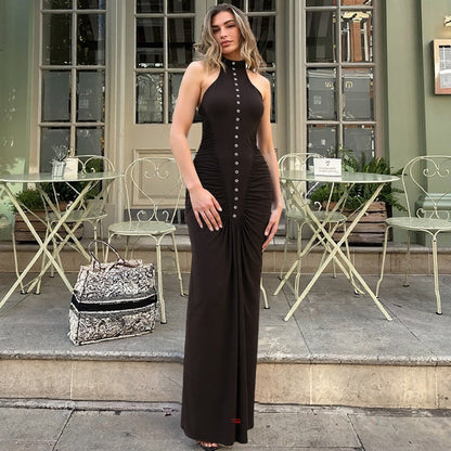 French Women Autumn Slim Fit Crumpled Button round Neck Sleeveless Dress for Women by Ragazza