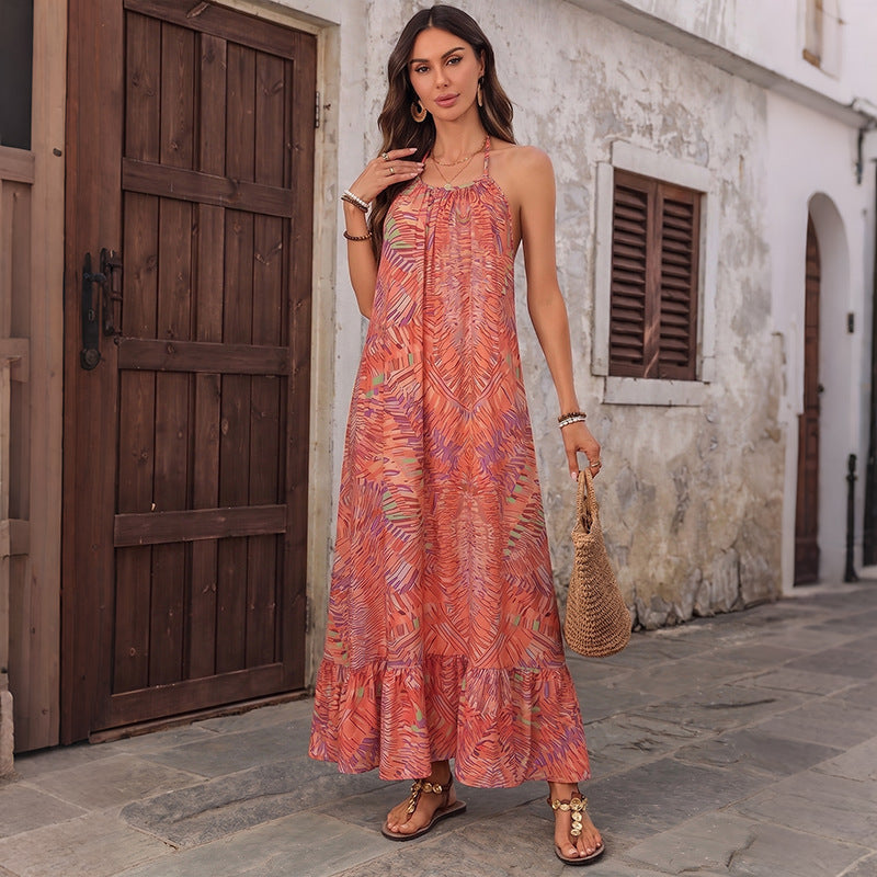 Ethnic Vacation Printed Halter Backless Loose Dress  DestGlow