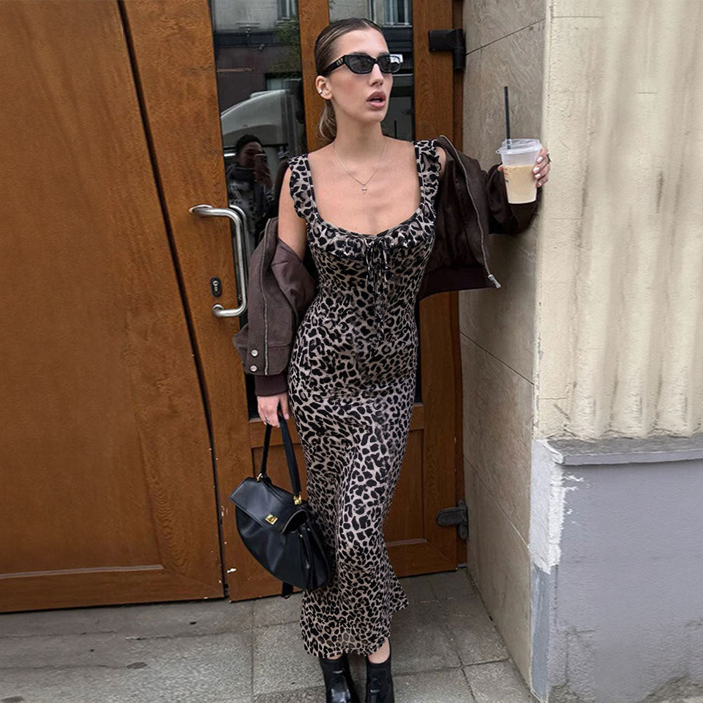 Vintage Leopard Print Lace up Waist Trimming Spaghetti Straps Dress Women Mid Length Sexy Slim Fit Figure Flattering Maxi Dress by Ragazza