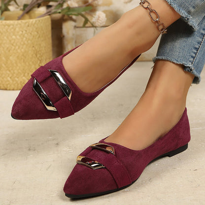 Shallow Mouth Suede Metal Buckle Flat Pumps Women Soft Bottom Office Work Gommino  DestGlow