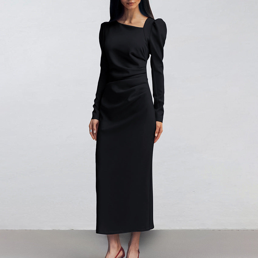 Autumn Casual Elegant Irregular Asymmetric Collar Puff Sleeve Tight Split Dress Khaki Maxi Dress by Ragazza