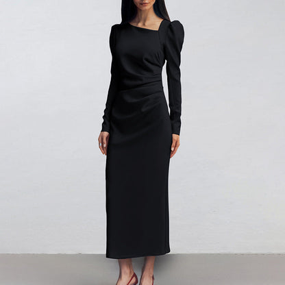 Autumn Casual Elegant Irregular Asymmetric Collar Puff Sleeve Tight Split Dress Khaki Maxi Dress by Ragazza
