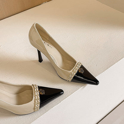 Design Color Matching Metal Chain Super High Heels Stiletto Pointed Toe Camellia Chanel Shoes  DestGlow