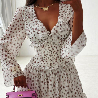 Women Digital Printing Elegant Dress V neck Long Sleeve Ruffled High Waist Lace up A line Dress by Ragazza