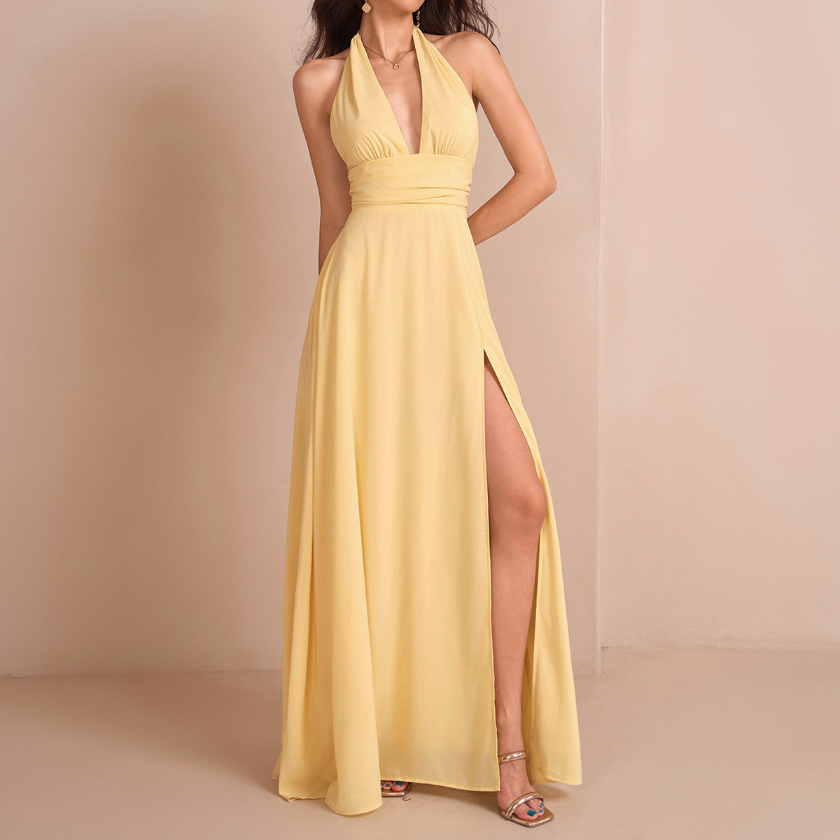 Elegant Halter Lace up Chiffon Dress Sexy Sexy Deep V Plunge neck Backless Slit Formal Dress Maxi Dress by Ragazza