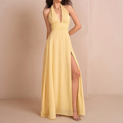Elegant Halter Lace up Chiffon Dress Sexy Sexy Deep V Plunge neck Backless Slit Formal Dress Maxi Dress by Ragazza