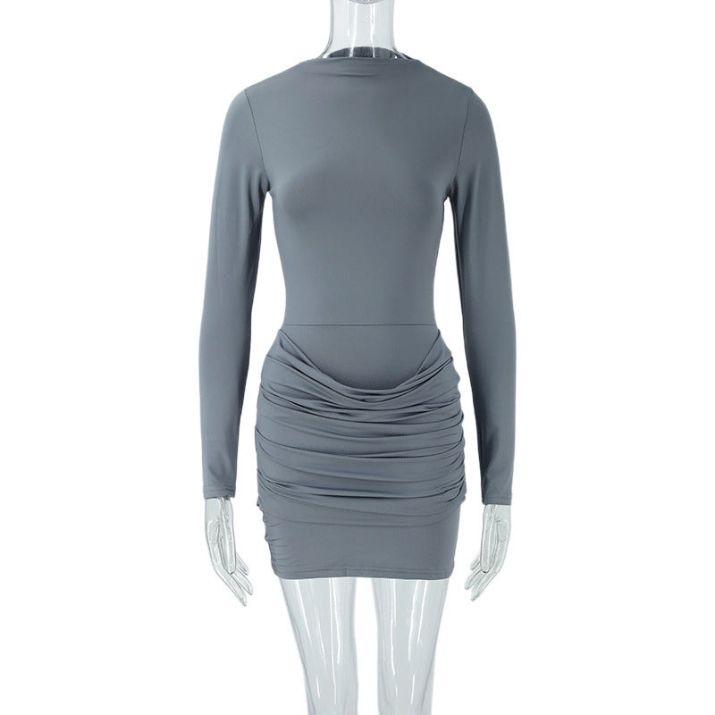 Fall Women Clothing Long Sleeve Slim Fit Pleated Niche High Sense Short Temperamental Dress  DestGlow