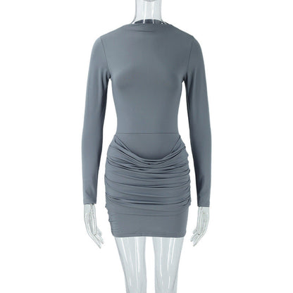 Fall Women Clothing Long Sleeve Slim Fit Pleated Niche High Sense Short Temperamental Dress  DestGlow