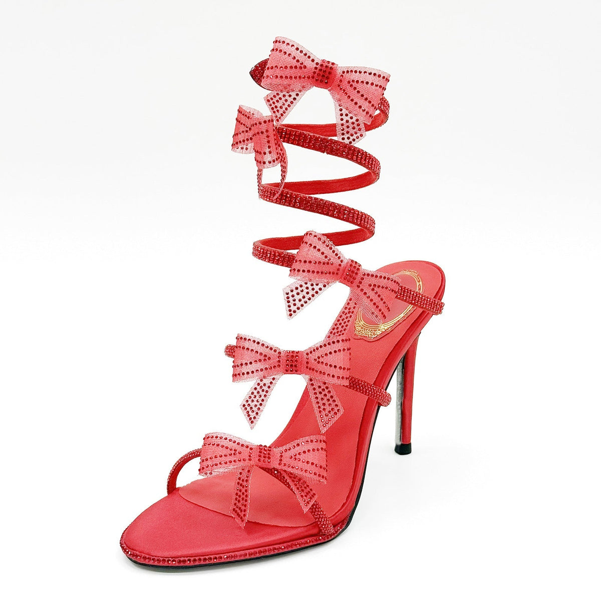 Black White Red Pink 10cm Stiletto Heel Small round Toe Rhinestone Bow High Heel Sandals Summer Heels  DestGlow
