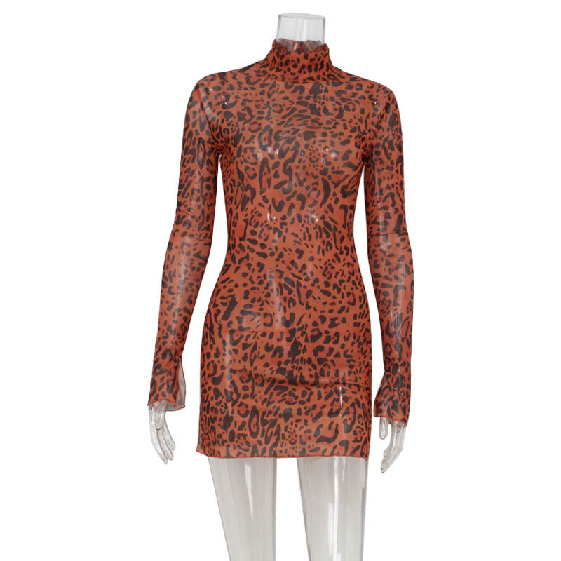Sexy Women Clothing Turtleneck Long Sleeve Slim Fit Sexy Mesh Leopard Print Sexy Hip Dress Women by Ragazza