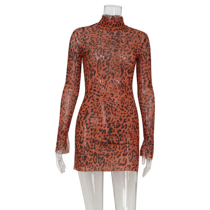 Sexy Women Clothing Turtleneck Long Sleeve Slim Fit Sexy Mesh Leopard Print Sexy Hip Dress Women by Ragazza